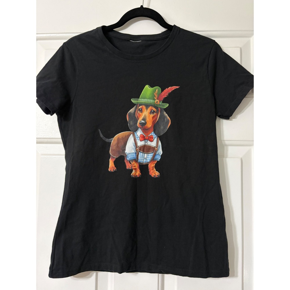 Daschund Oktoberfest Short Sleeve Crew Neck Slim Fit Tee | S || Black|